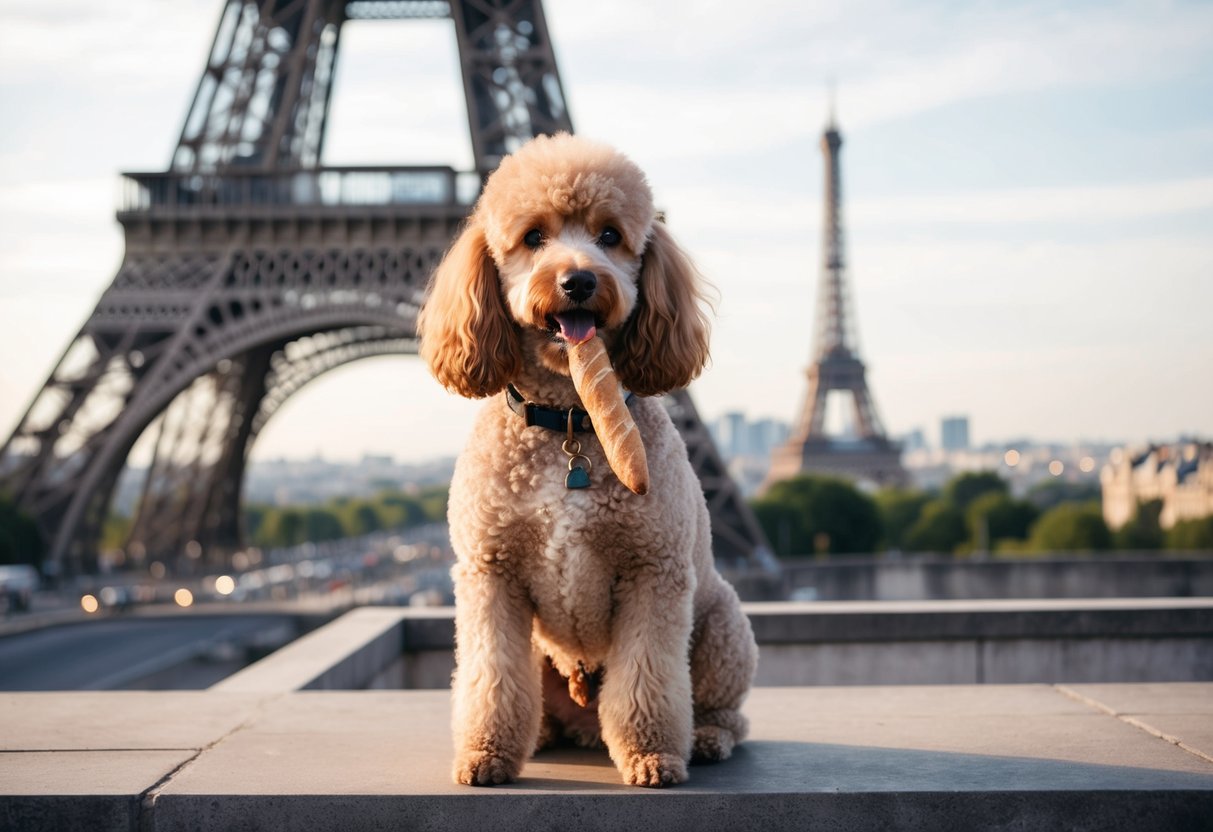 A poodle sits beneath the Eiffel Tower, a baguette in its mouth