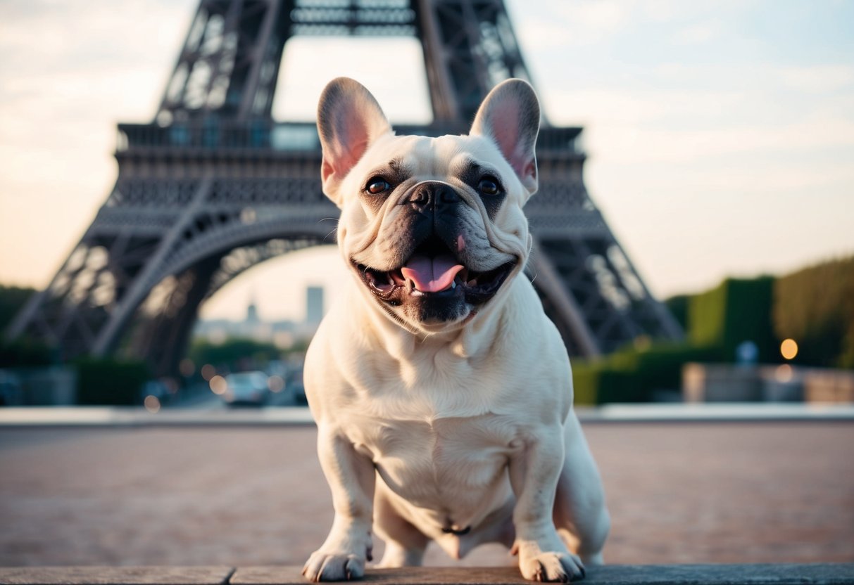 A French bulldog barking in front of the Eiffel Tower