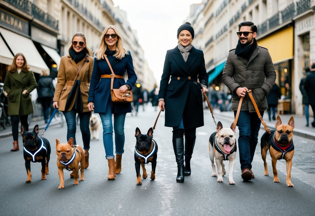 A Parisian street scene with dogs of various breeds and sizes walking alongside their owners, some wearing fashionable dog accessories