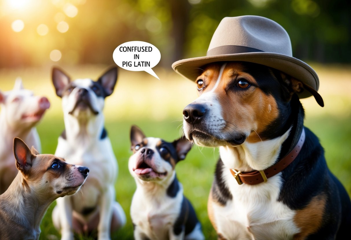 A dog wearing a hat looks confused as other animals speak in Pig Latin