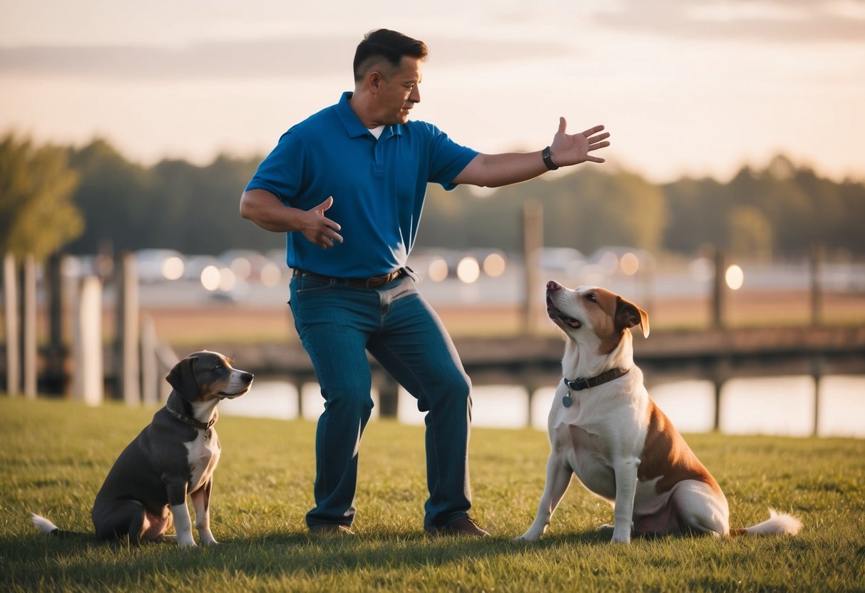 A person demonstrating Pig Latin with a dog nearby