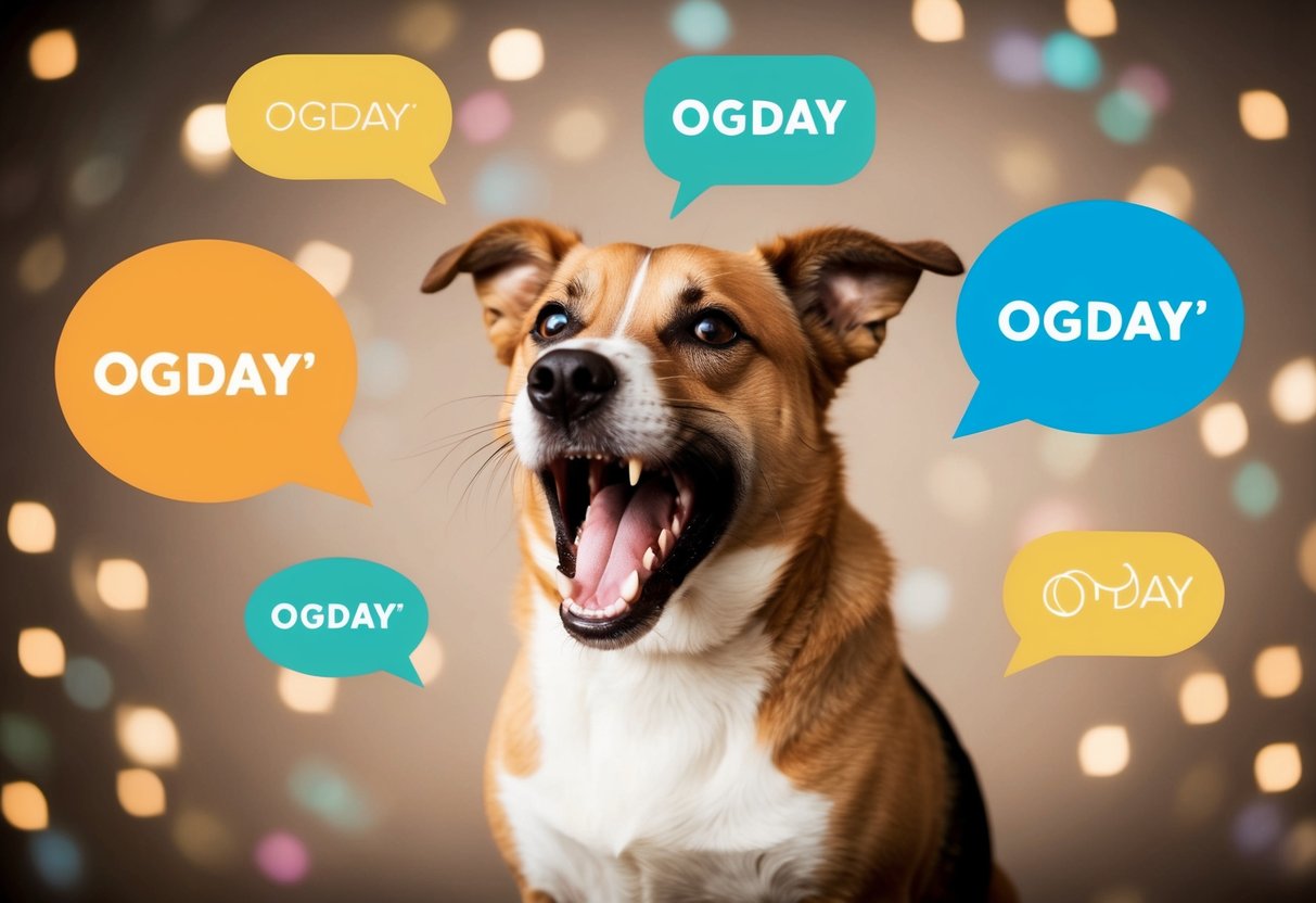 A playful dog barking with a mischievous expression, surrounded by colorful speech bubbles with "ogday" written in different fonts