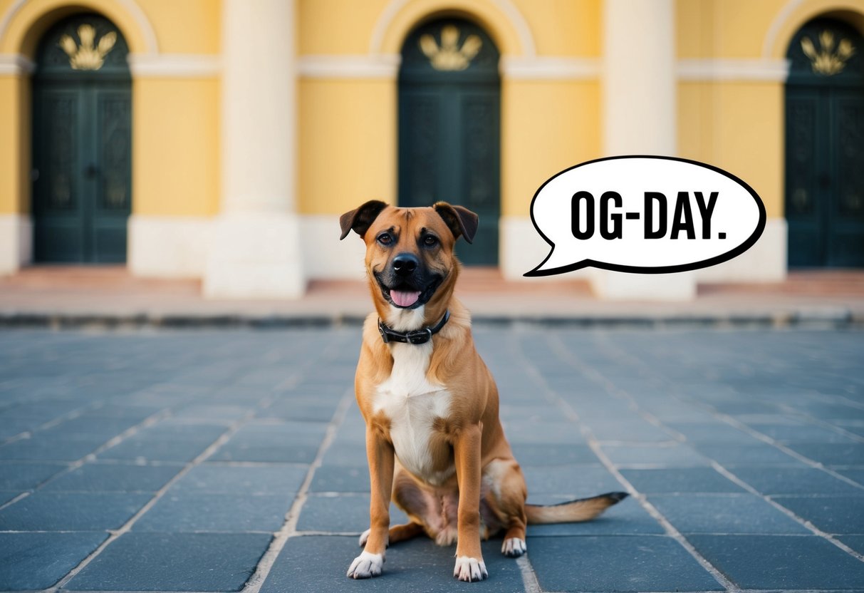 A dog sitting in front of a Latin-inspired building, with a speech bubble saying "og-day."