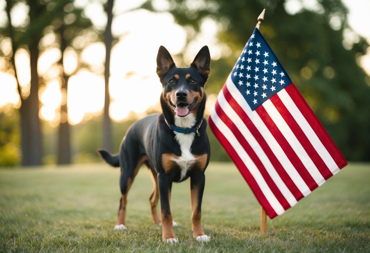 A dog standing in front of an American flag
