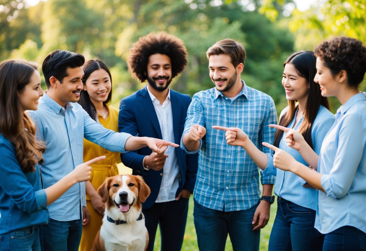 A diverse group of people pointing to various animals, including a dog, while conversing in different languages