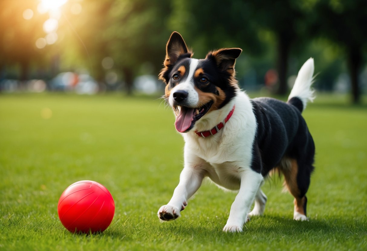 A happy dog playing in a green park with a red ball