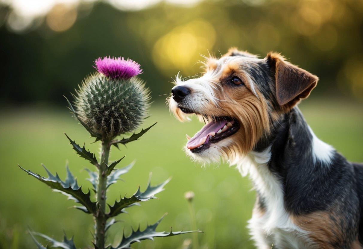 A Scottish terrier barking beside a thistle