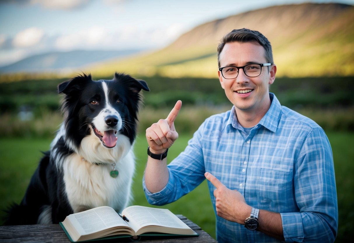A Scottish Gaelic speaker pointing to a border collie, saying "Madadh" (dog) with a Gaelic dictionary open nearby