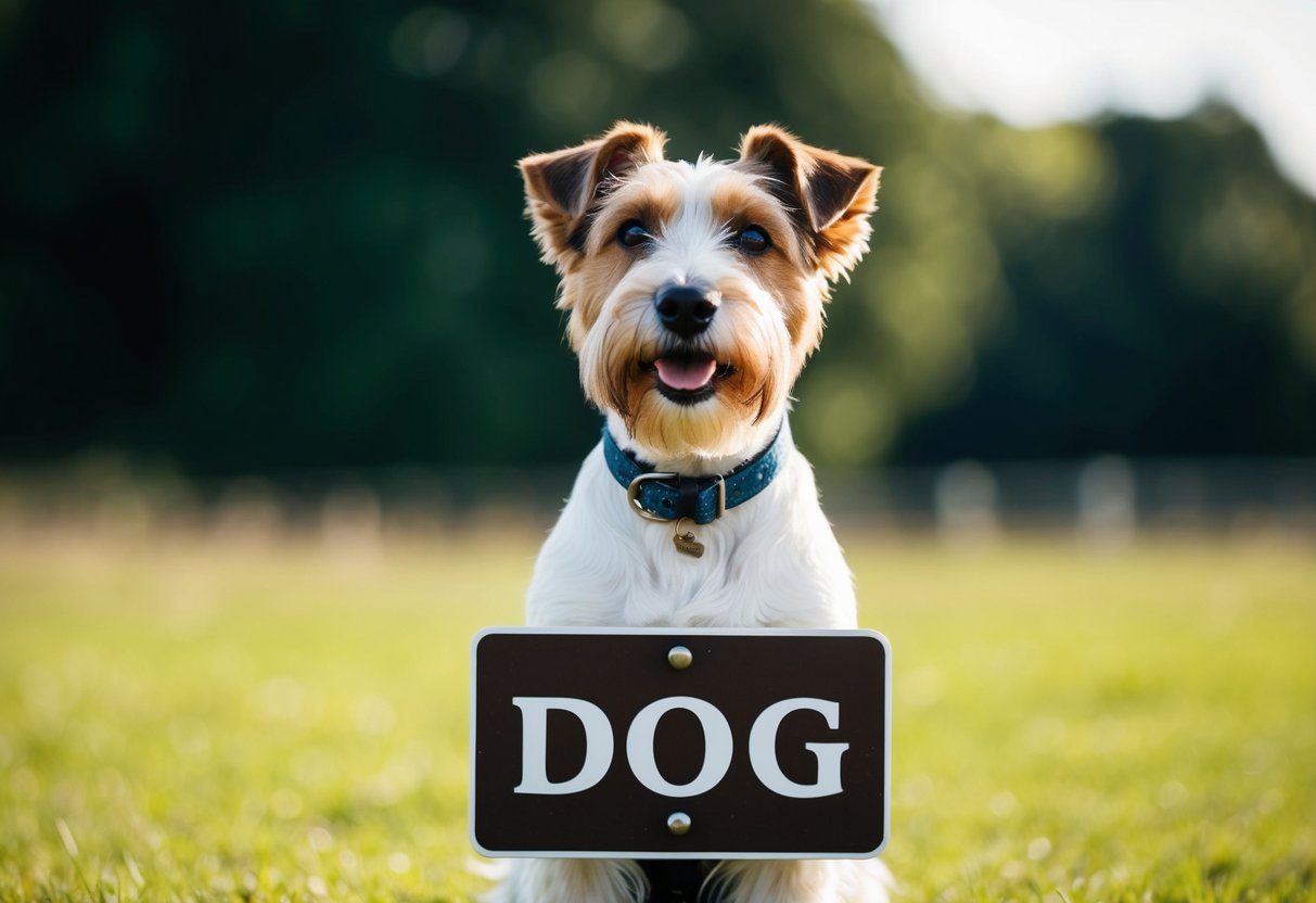 A Scottish terrier standing proudly in front of a sign with the word "dog" written in Scottish Gaelic