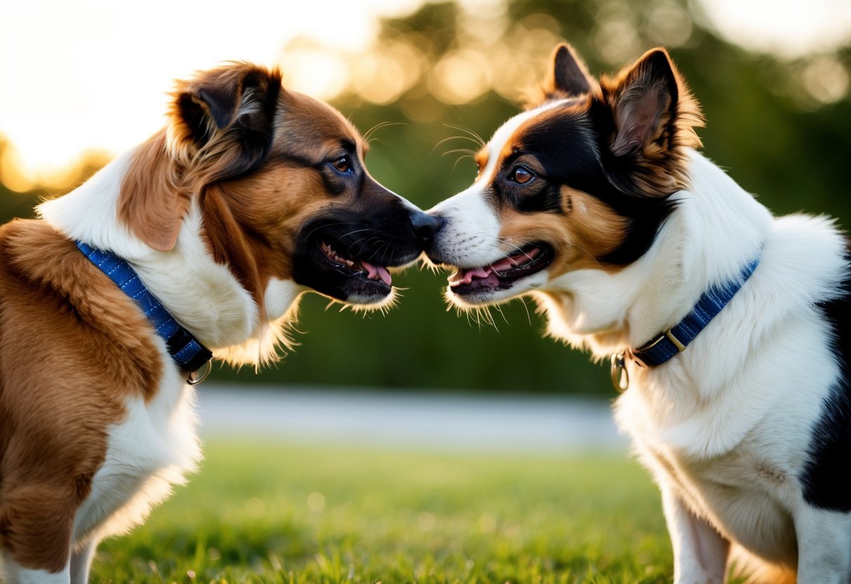 Two dogs nuzzling noses, tails wagging