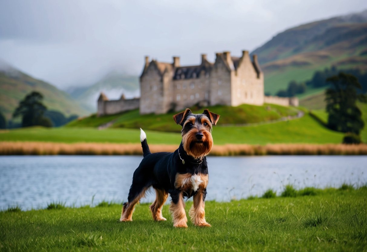 A Scottish terrier stands proudly in front of a historic castle, surrounded by rolling green hills and a misty loch