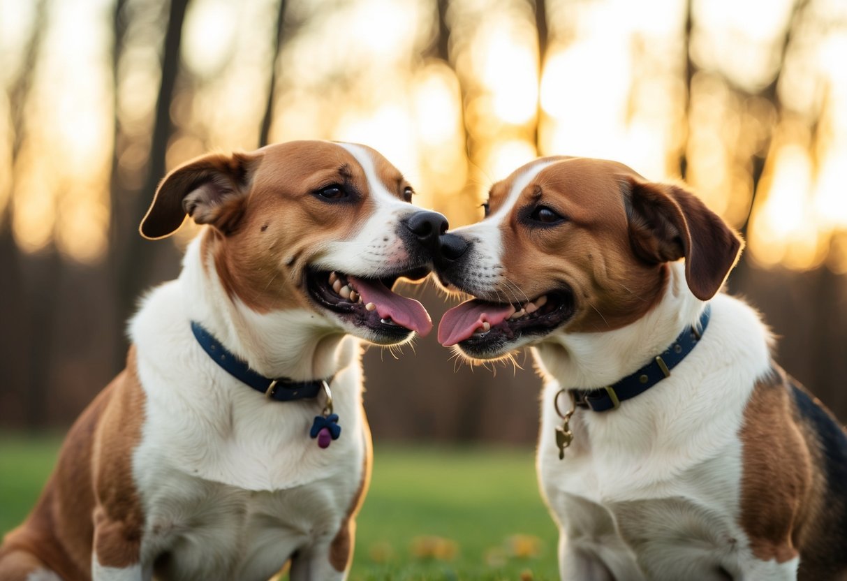 Two dogs nuzzle each other, wagging tails and licking faces