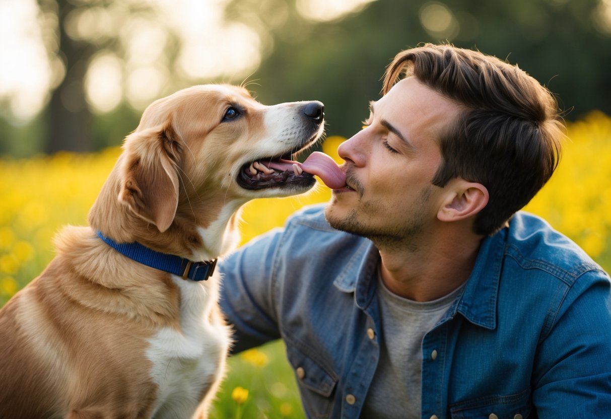 A dog wagging its tail, offering a paw, and licking its owner's face