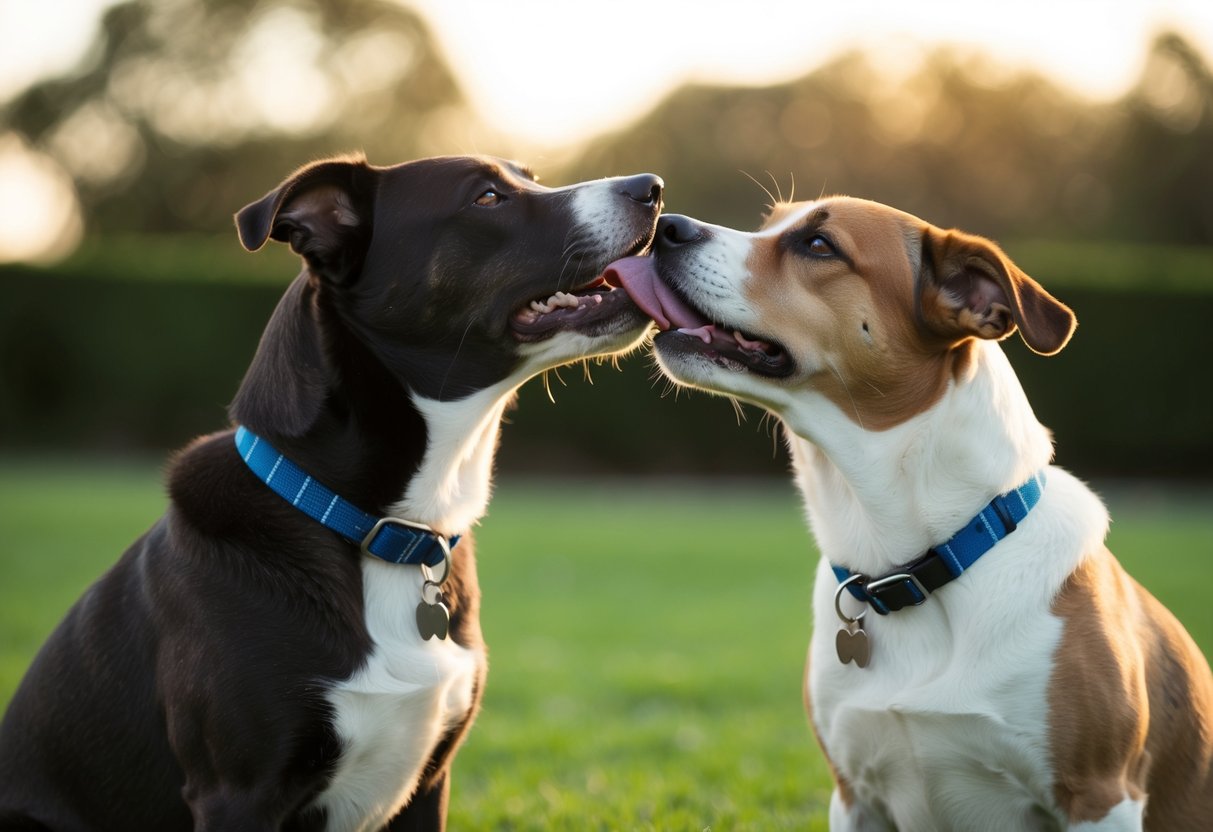 Two dogs nuzzling each other's necks, wagging tails and licking each other's faces affectionately
