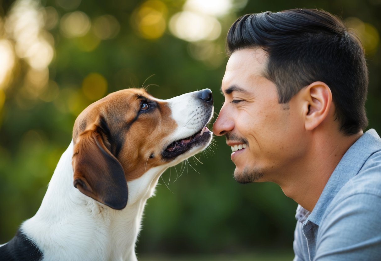 A dog with wagging tail and adoring eyes gazes at its owner, leaning in for a gentle nuzzle