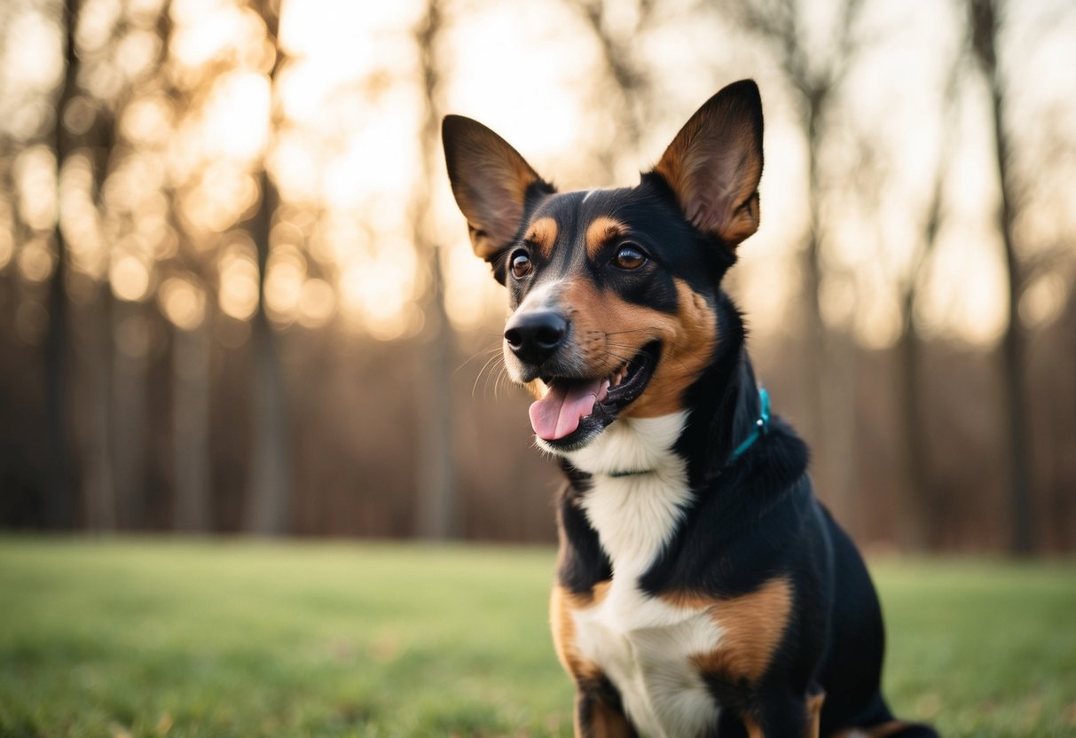 A dog tilts its head, ears perked, and wags its tail