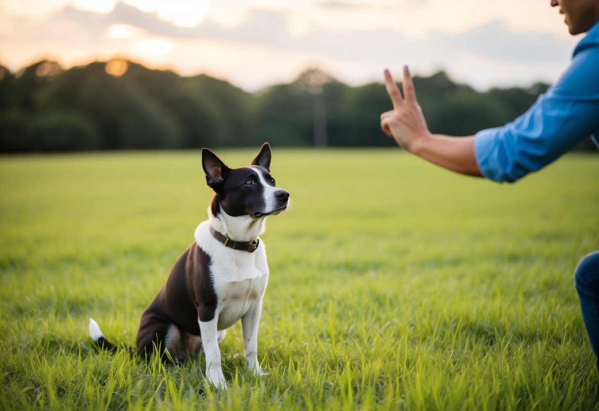 A dog sitting on a grassy field, looking up at a person with a hand gesture indicating "sit" in Portuguese