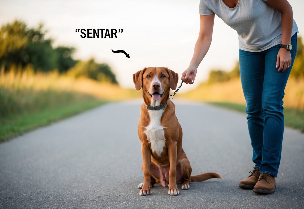 A dog sitting obediently in response to the command "sentar" from its owner