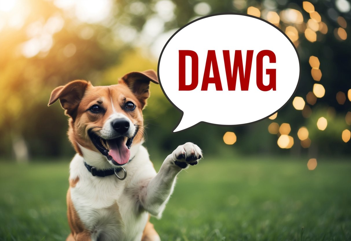 A playful dog wagging its tail, with a speech bubble containing the word "dawg" in bold letters above its head