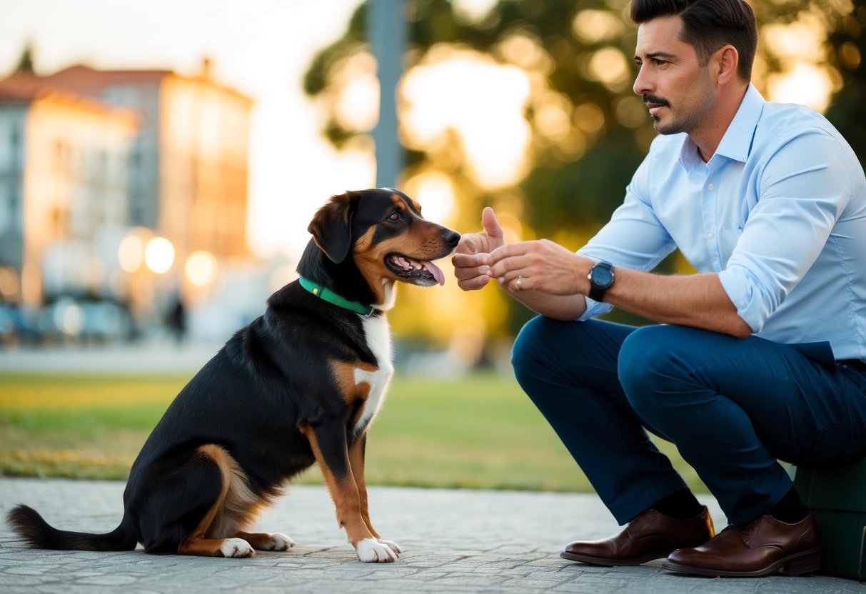 A dog sitting obediently as its owner gives the command in Portuguese