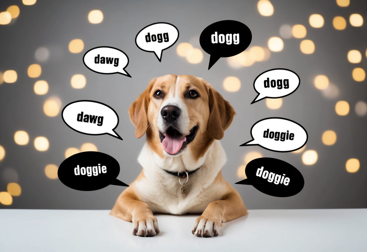 A dog morphing into various slang words, from "dawg" to "dogg" to "doggie," surrounded by speech bubbles with different spellings