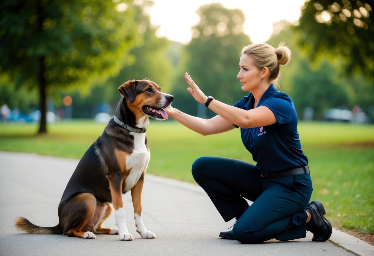 A dog sitting on command in a park, with a trainer using a hand gesture