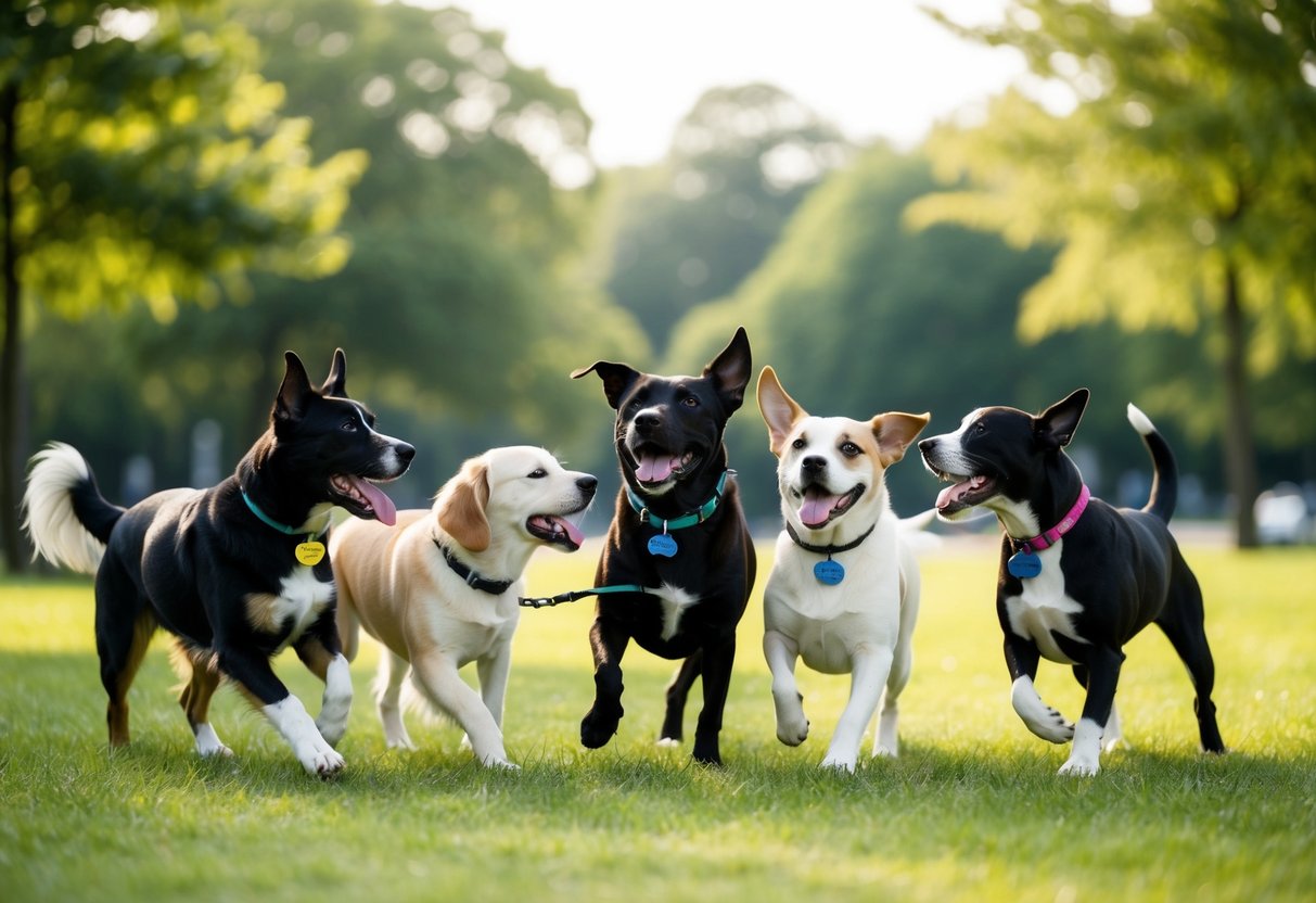 A group of dogs of various breeds and sizes, each with a unique name tag, playfully interact in a park setting