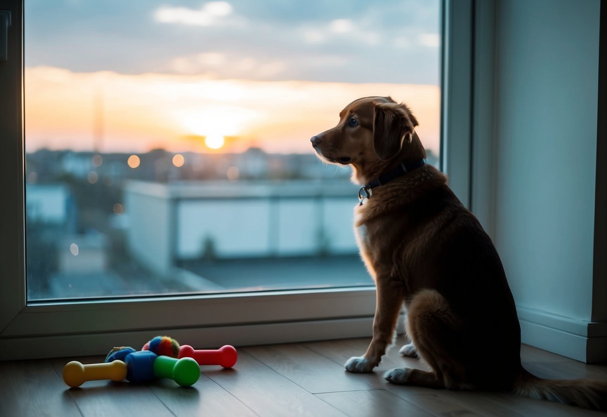 A 2-year-old dog sits by the window, looking out with a hint of sadness as the sun sets outside. The room is quiet and empty, with toys scattered on the floor