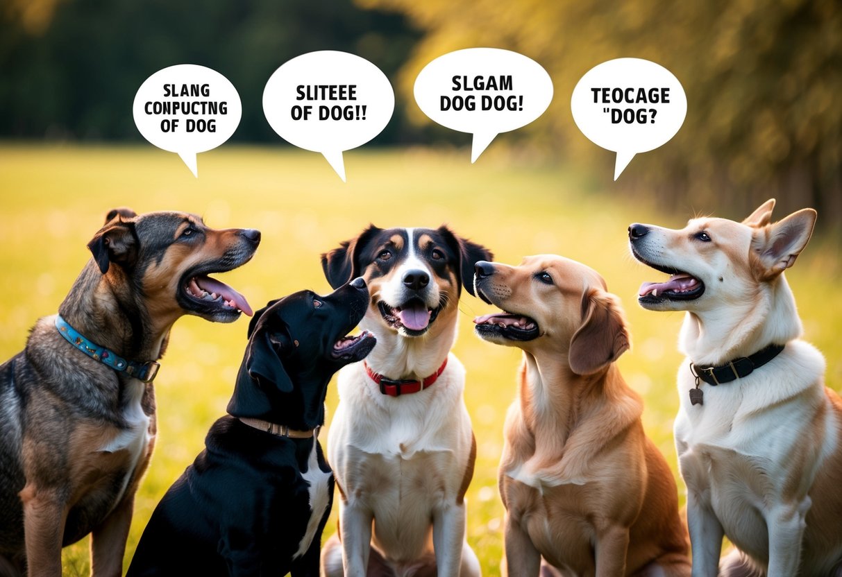 A group of dogs of various breeds and sizes interacting with each other, with speech bubbles containing different slang terms for "dog" above their heads