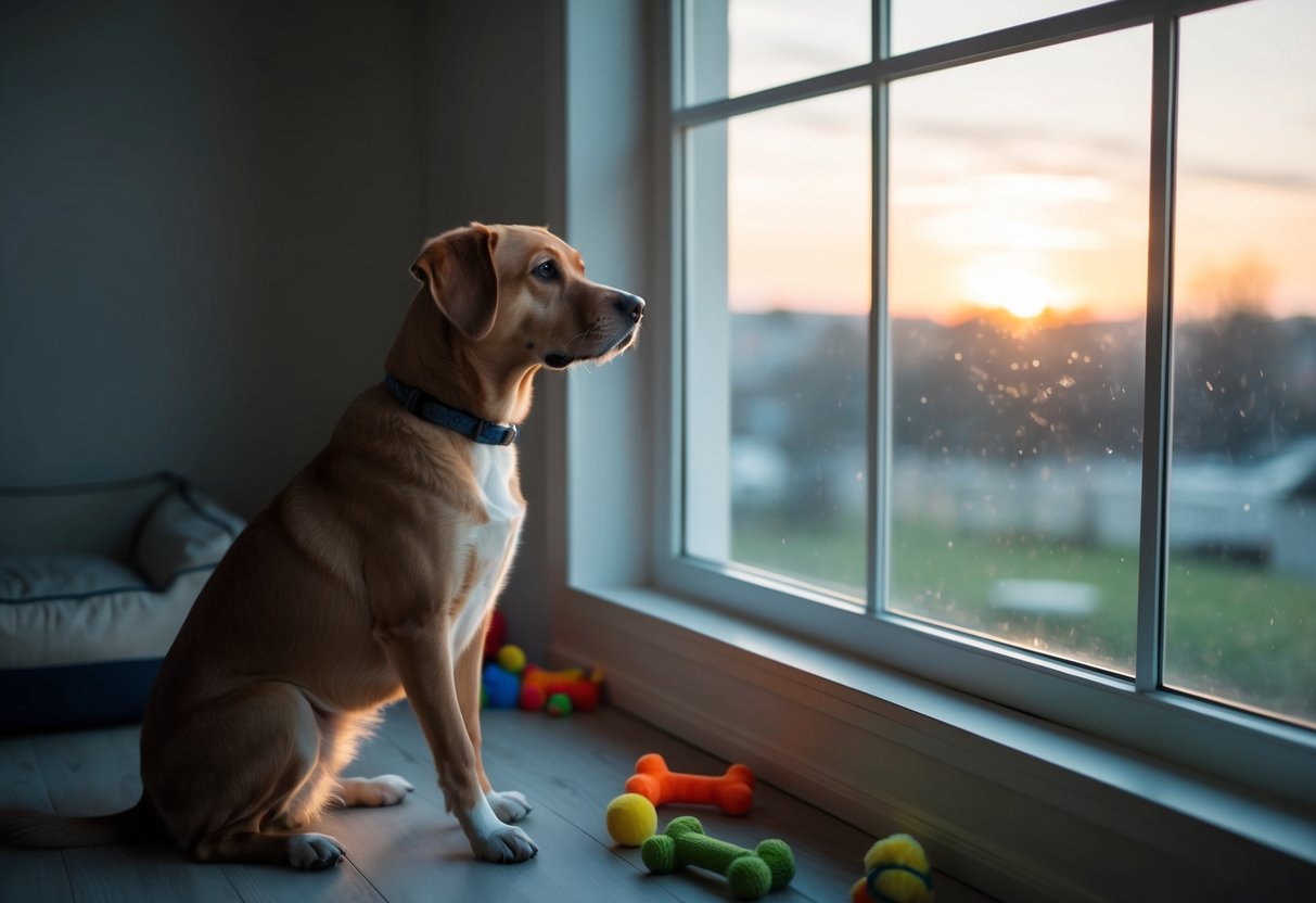 A 2-year-old dog sits by a window, gazing out with a hint of longing as the sun sets outside. The room is quiet and empty, with toys scattered on the floor and a cozy bed in the corner