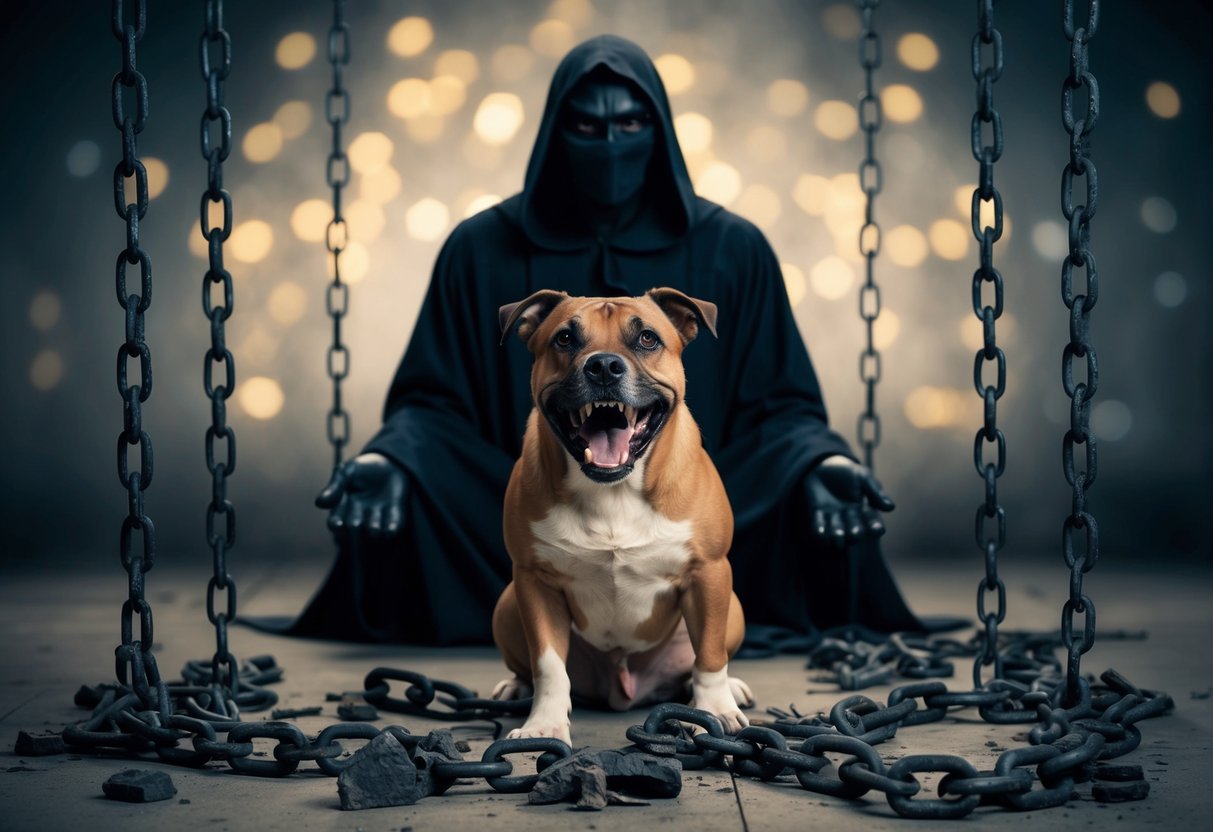A snarling dog surrounded by broken chains and a shadowy figure casting a judgmental gaze