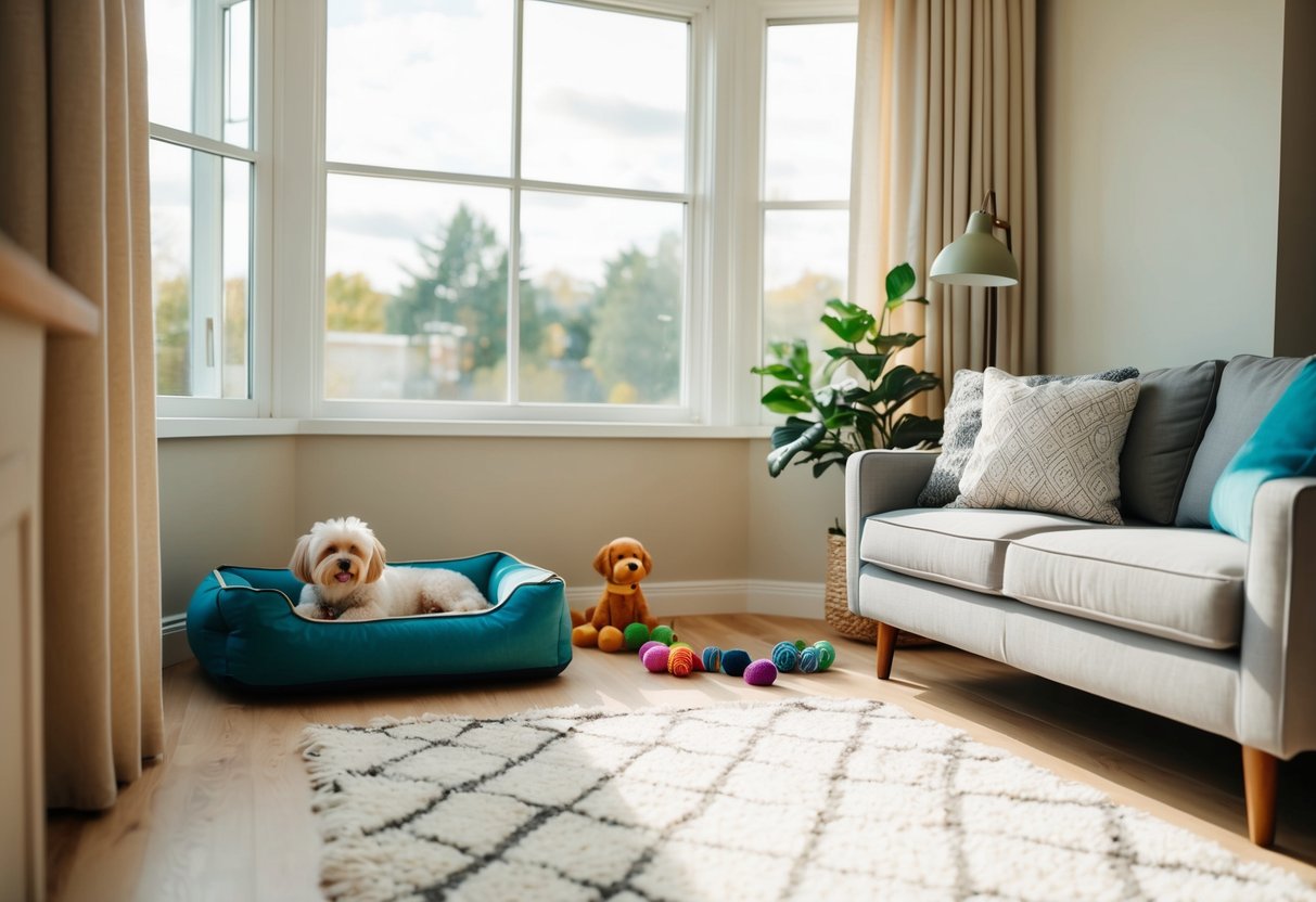 A cozy living room with a comfortable dog bed, toys, and a large window with natural light streaming in