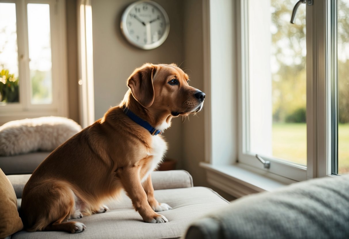 A 2-year-old dog sits alone in a cozy living room, gazing out the window as sunlight streams in. A clock on the wall reads 2:00, and a plush bed is nearby