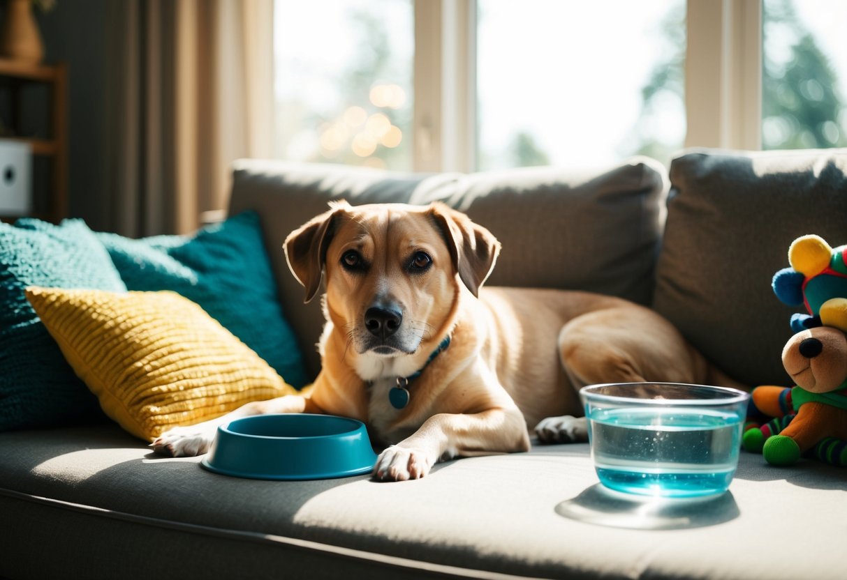 A dog lounges on a cozy couch, surrounded by toys and a filled water bowl, as sunlight streams through the window