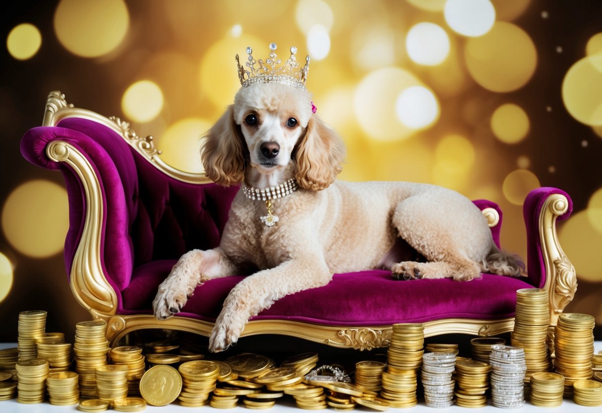 A pampered poodle lounges on a velvet chaise, surrounded by piles of gold coins and sparkling jewels, wearing a diamond-studded collar and a crown on its head