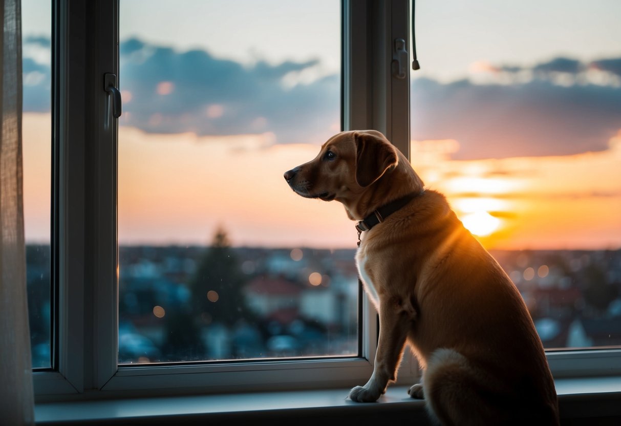 A dog sits by the window, looking out longingly as the sun sets, waiting for its owner to return home