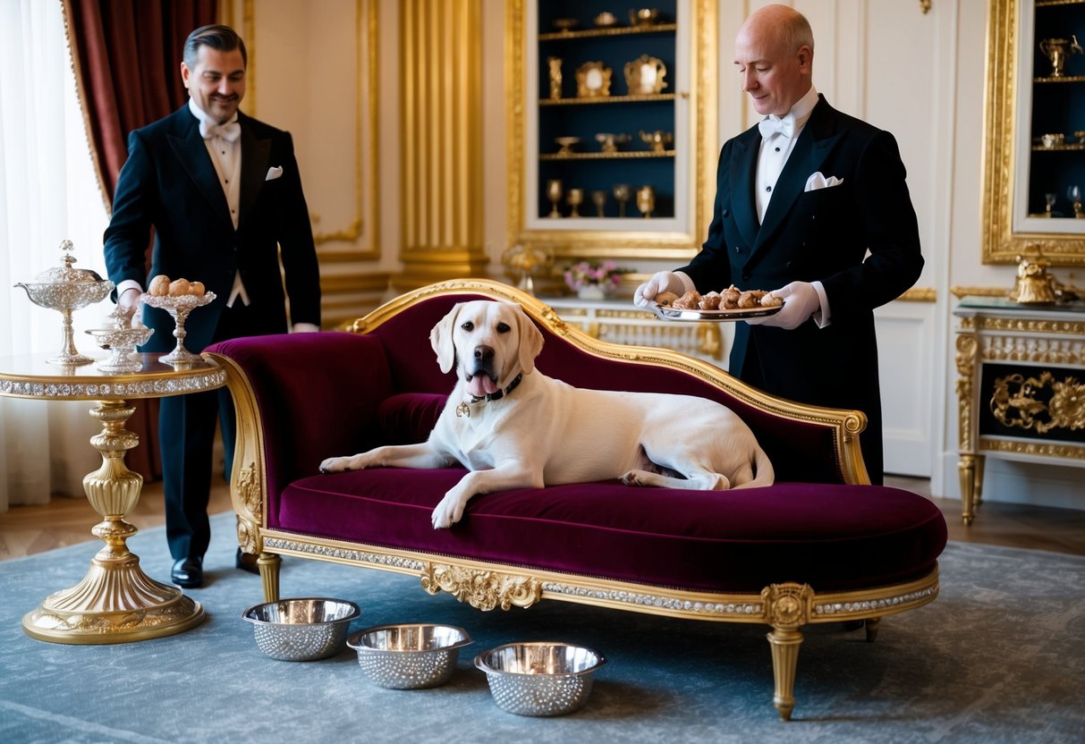 Gunther VI lounges on a velvet chaise surrounded by gold-trimmed furniture and diamond-studded dog bowls. A butler serves gourmet treats on a silver platter
