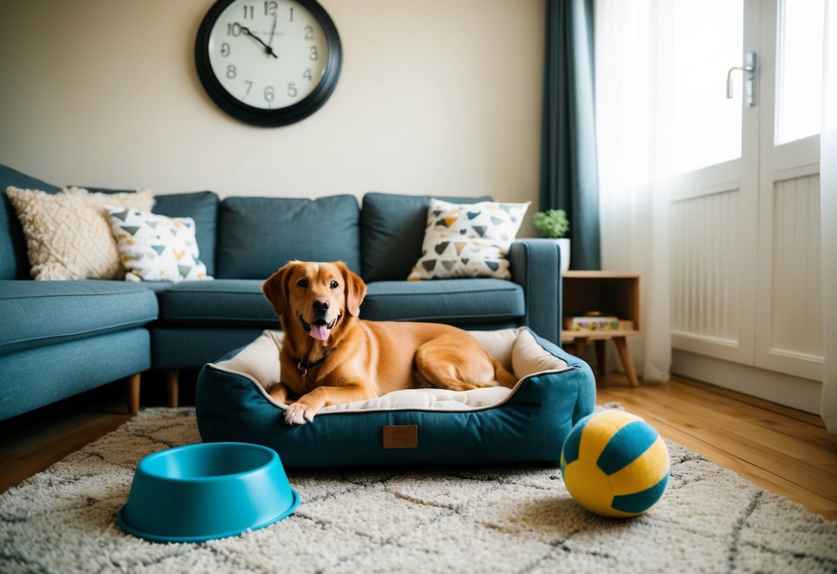 A cozy living room with a comfortable dog bed, toys, and a water bowl. A clock on the wall shows the passing of time