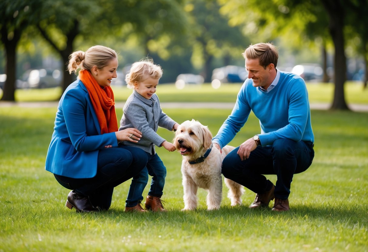 A British family plays with their dog in a park