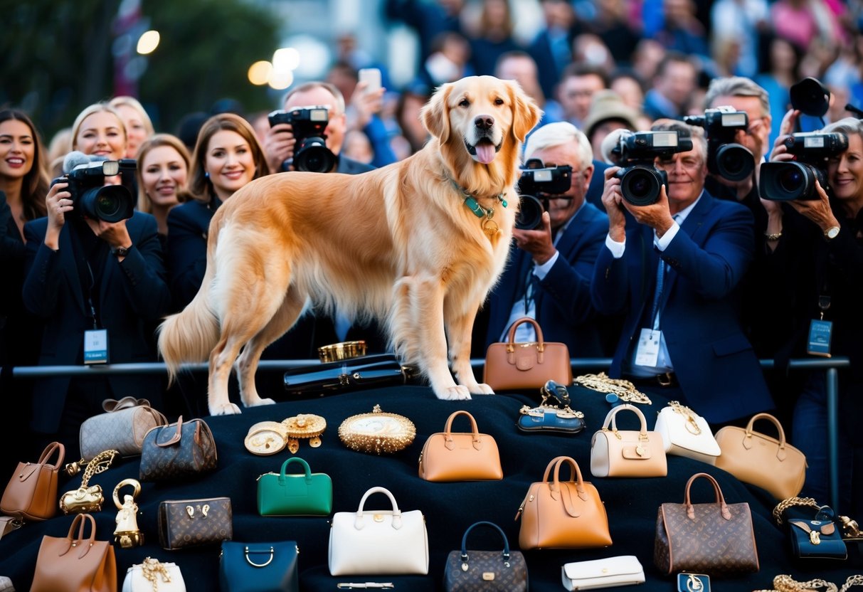 A regal golden retriever stands atop a mountain of luxury items, surrounded by adoring fans and flashing cameras