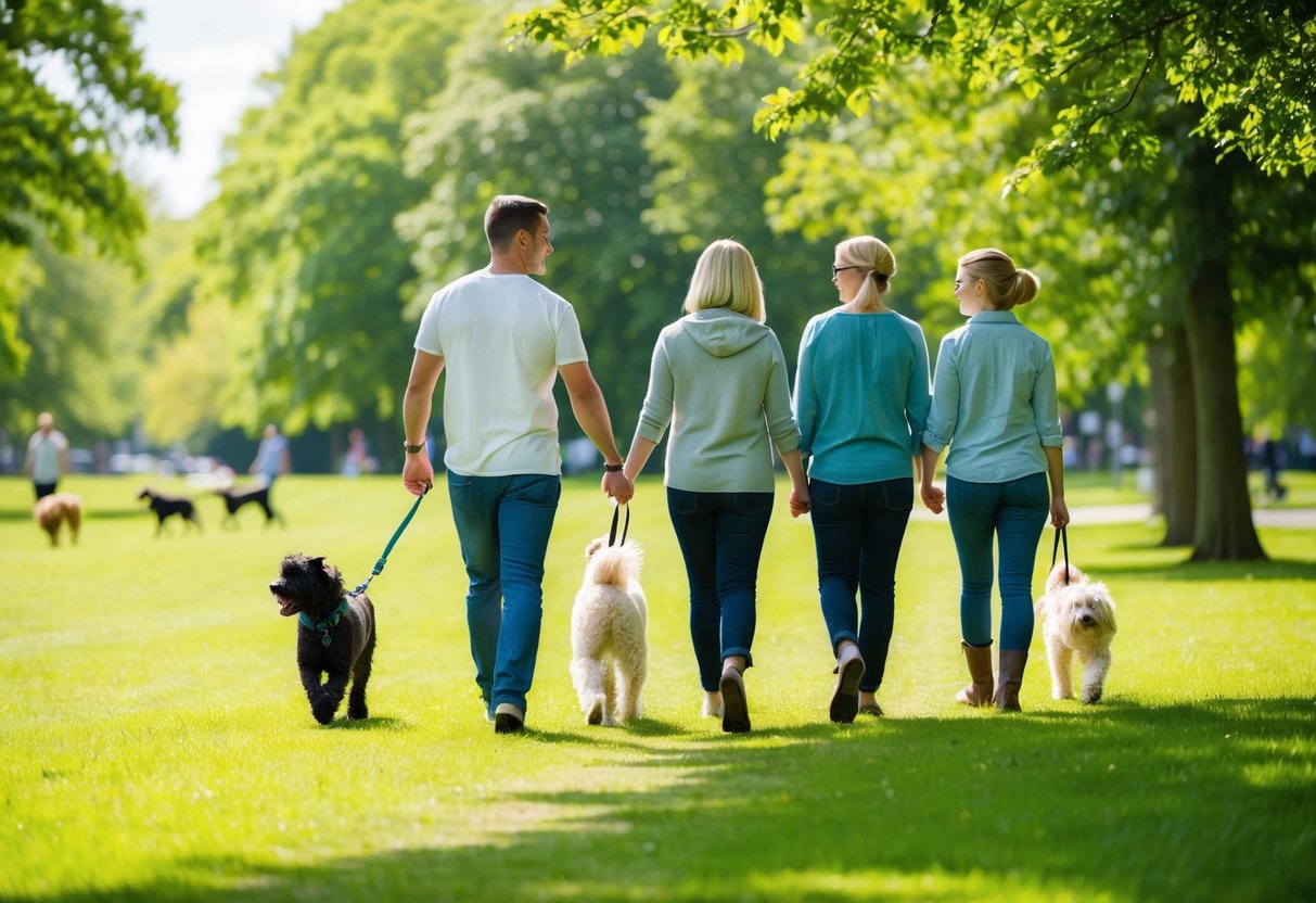 A family of four walks their dog through a lush, green park in the UK. Other dog owners can be seen in the distance, enjoying the sunny day