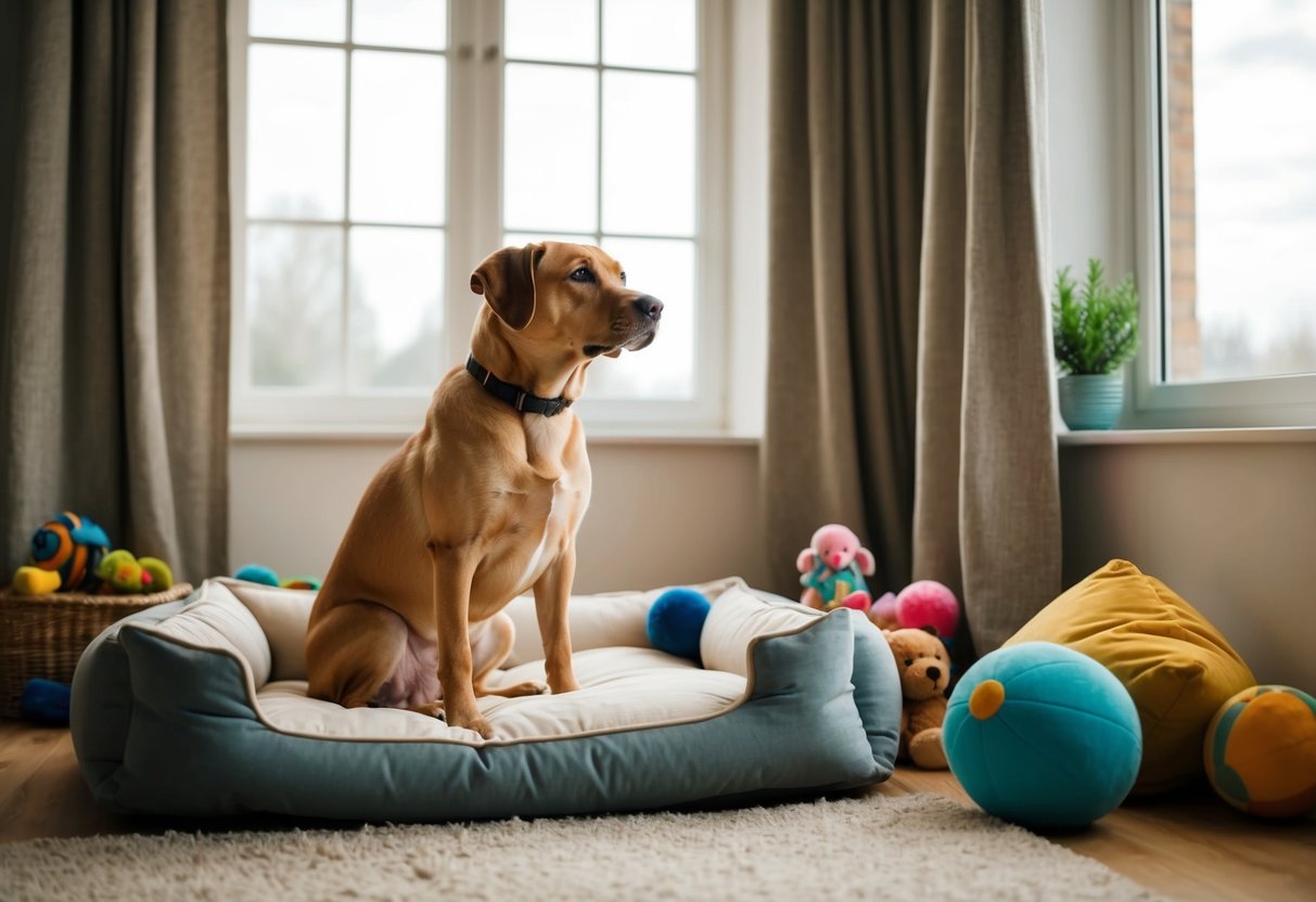 A dog sitting alone in a cozy living room, surrounded by toys and a comfortable bed, looking out the window with a pensive expression