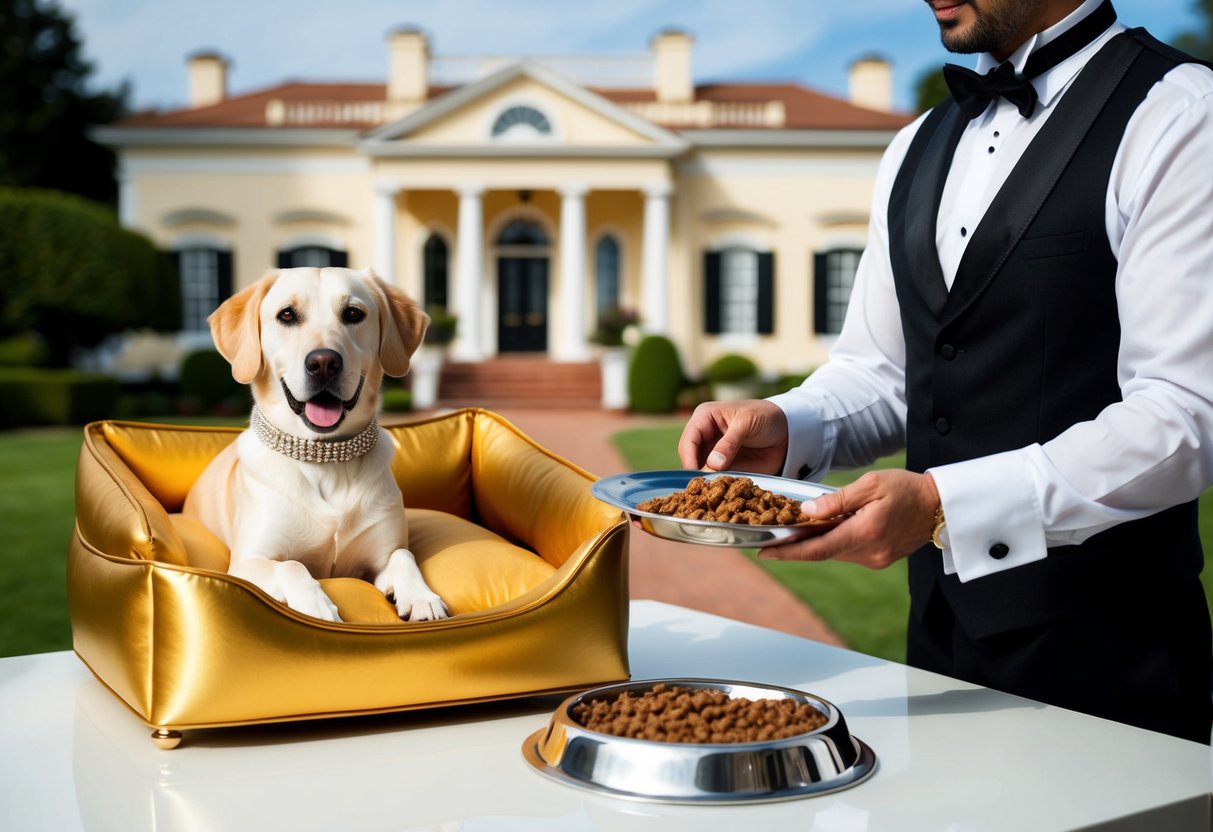 A luxurious mansion with a golden dog bed, diamond-studded collar, and a butler serving gourmet dog food on a silver platter