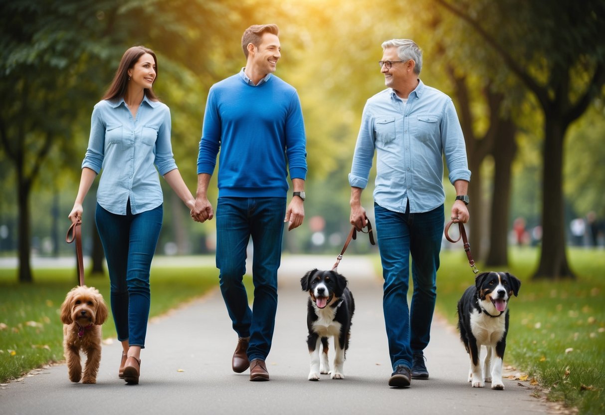 A family of four walks two dogs in a park