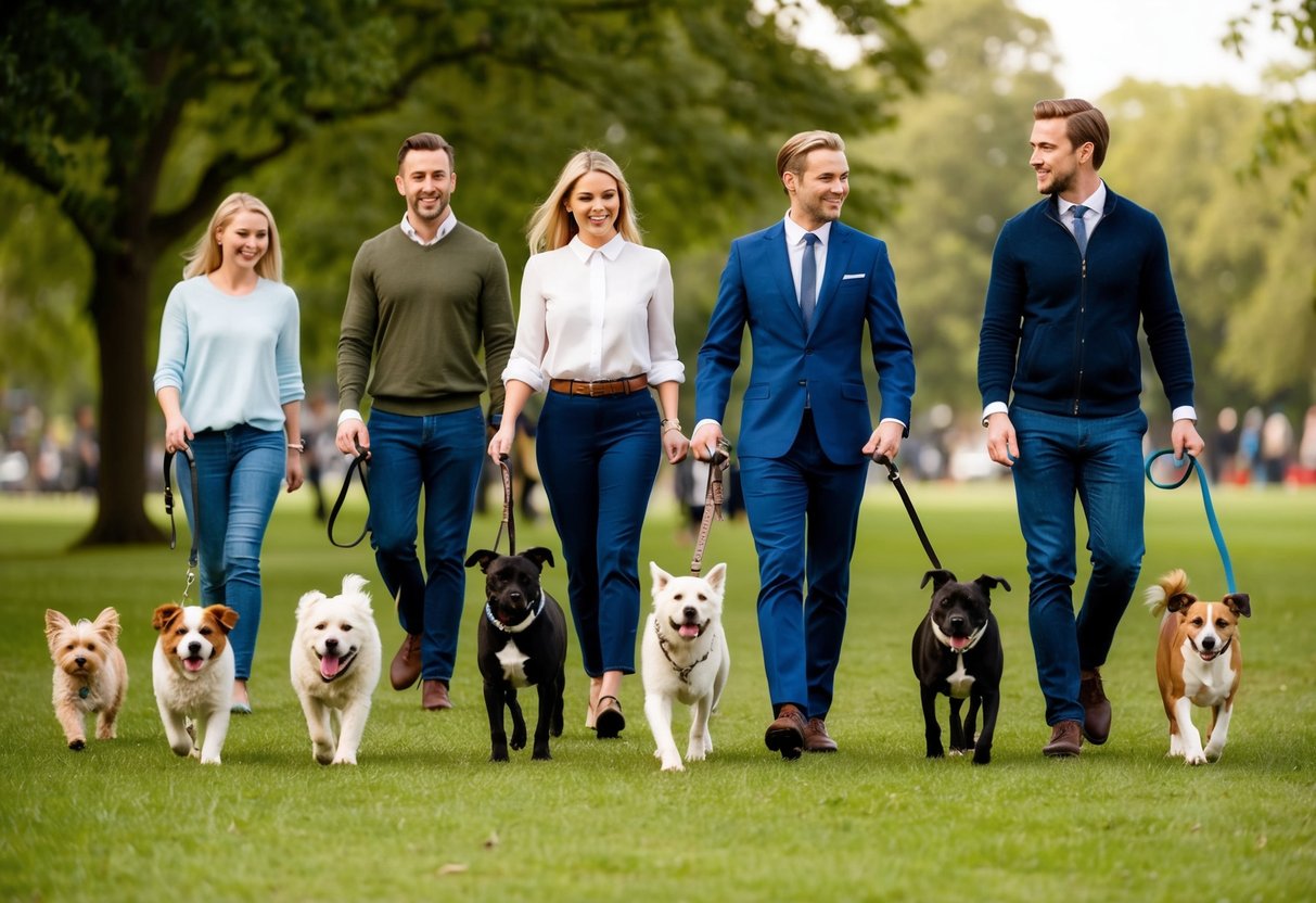 A group of Brits walking their dogs in a park, with various breeds and sizes of dogs on leashes