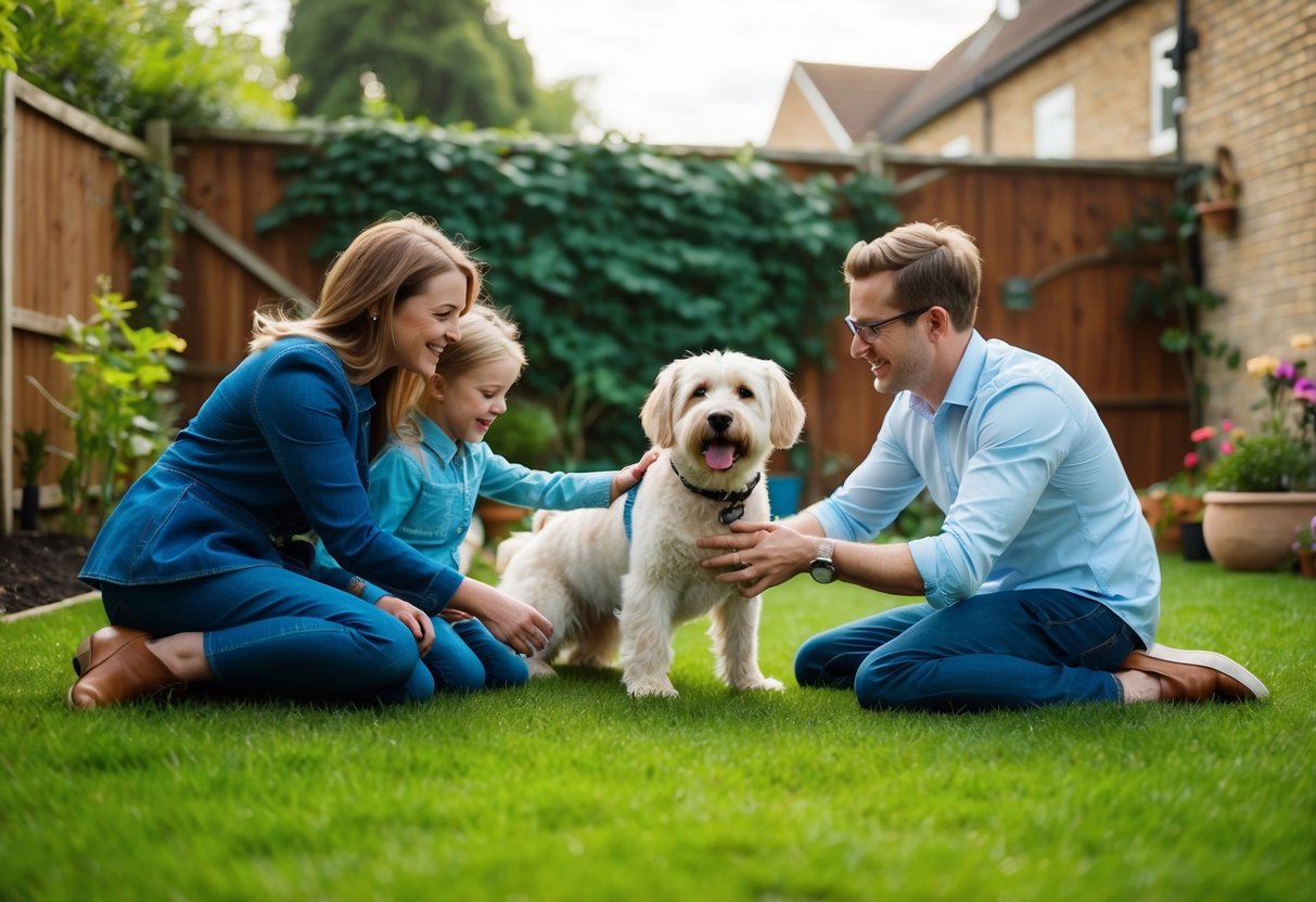 A British family playing with their dog in a backyard garden