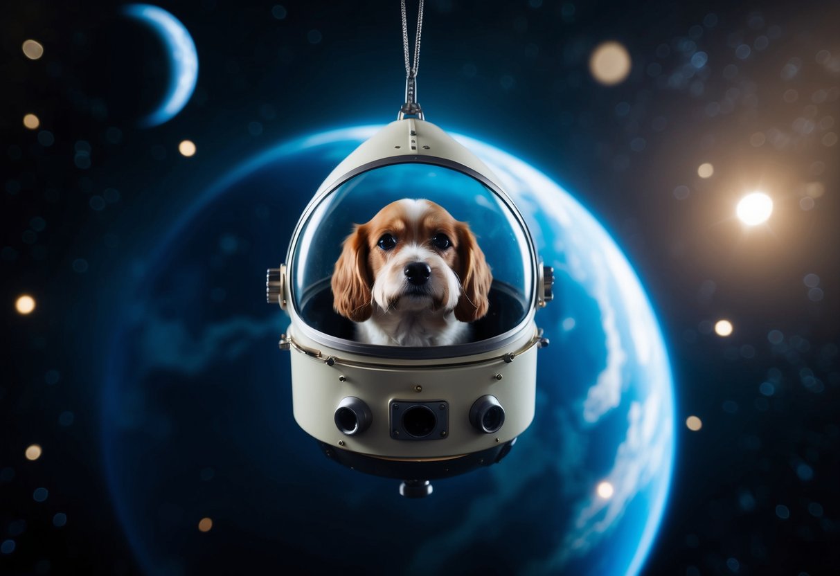 Laika the dog floats in a small spacecraft, surrounded by darkness and stars, with Earth visible in the distance