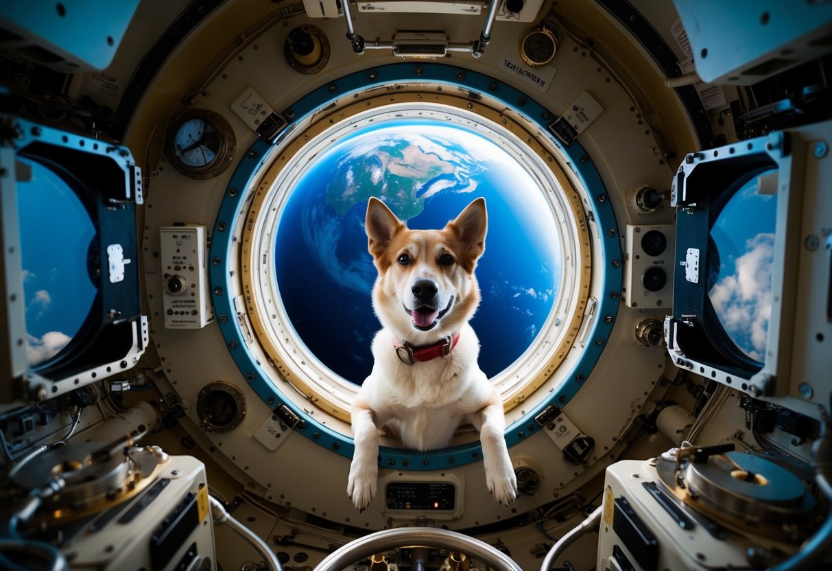 Laika, the dog, floats weightlessly in a spacecraft, surrounded by scientific instruments and equipment. The Earth is visible through a small window in the background