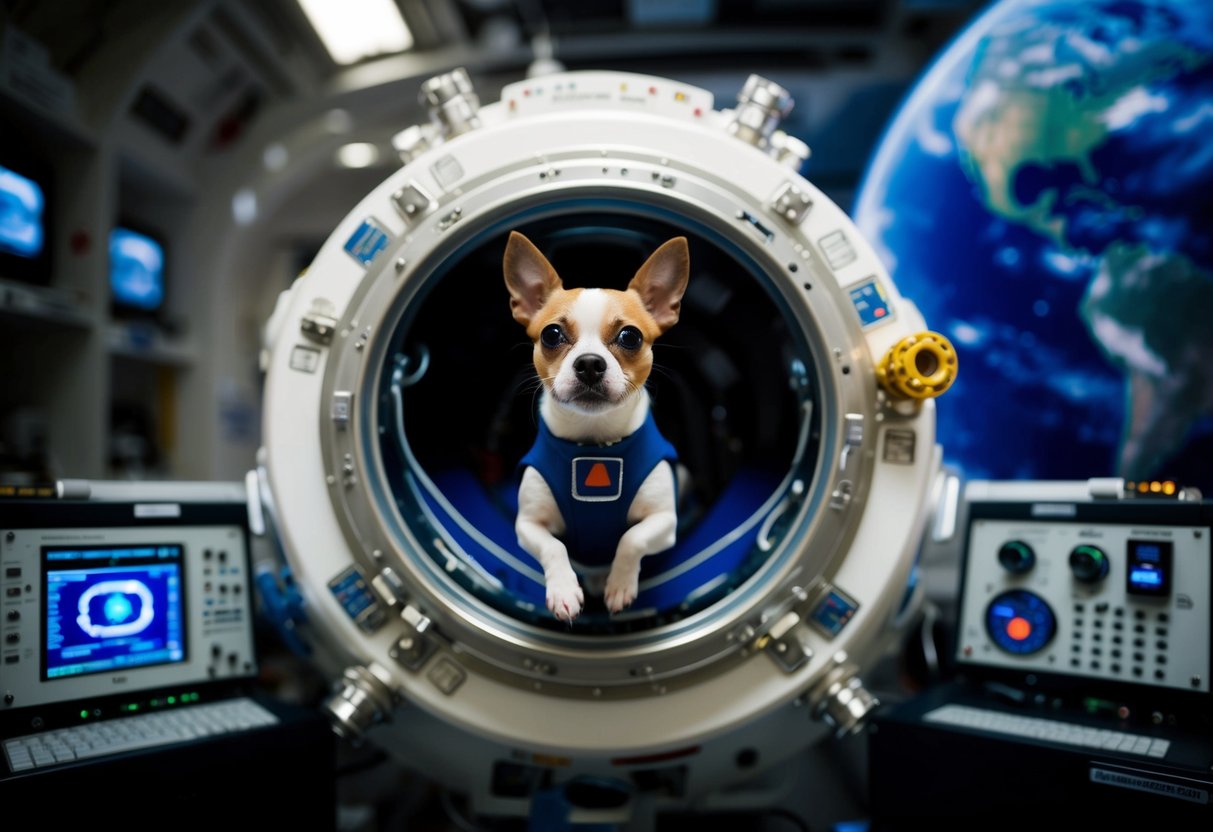 A small dog floats in a space capsule, surrounded by scientific equipment and monitors. The Earth looms in the background, emphasizing the isolation of the lone canine astronaut