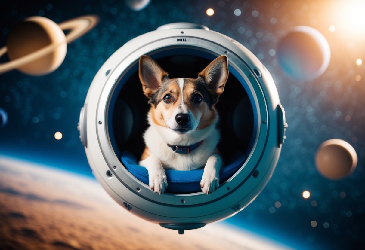 Laika, the dog, floats weightlessly in a small, futuristic spacecraft surrounded by stars and planets, with a look of curiosity and wonder in her eyes